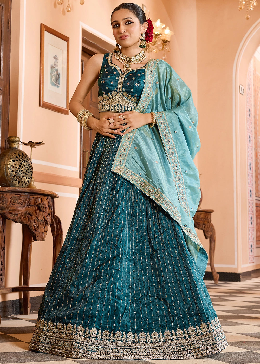 Teal Blue Embroidered Tissue Silk Lehenga Choli with Sequins Work