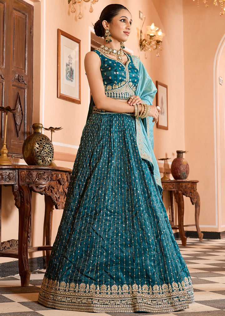 Teal Blue Embroidered Tissue Silk Lehenga Choli with Sequins Work
