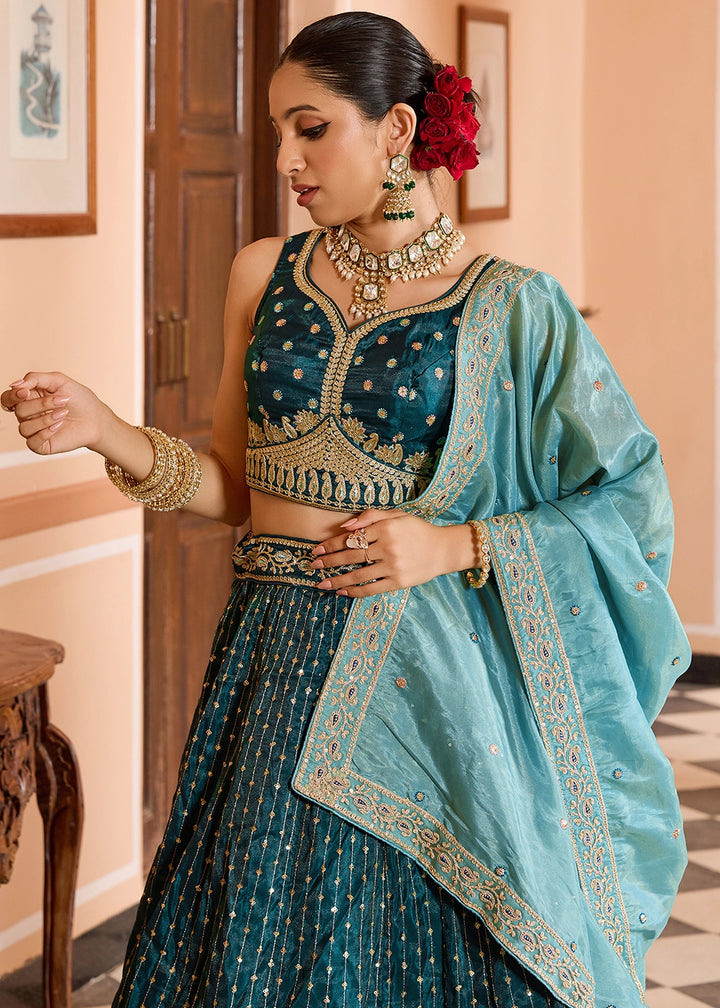 Teal Blue Embroidered Tissue Silk Lehenga Choli with Sequins Work