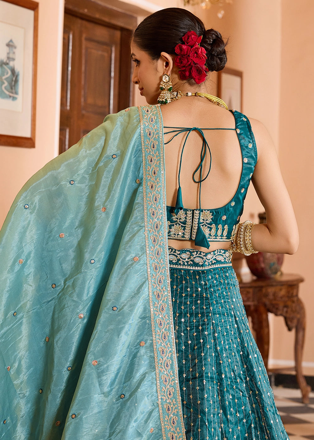 Teal Blue Embroidered Tissue Silk Lehenga Choli with Sequins Work