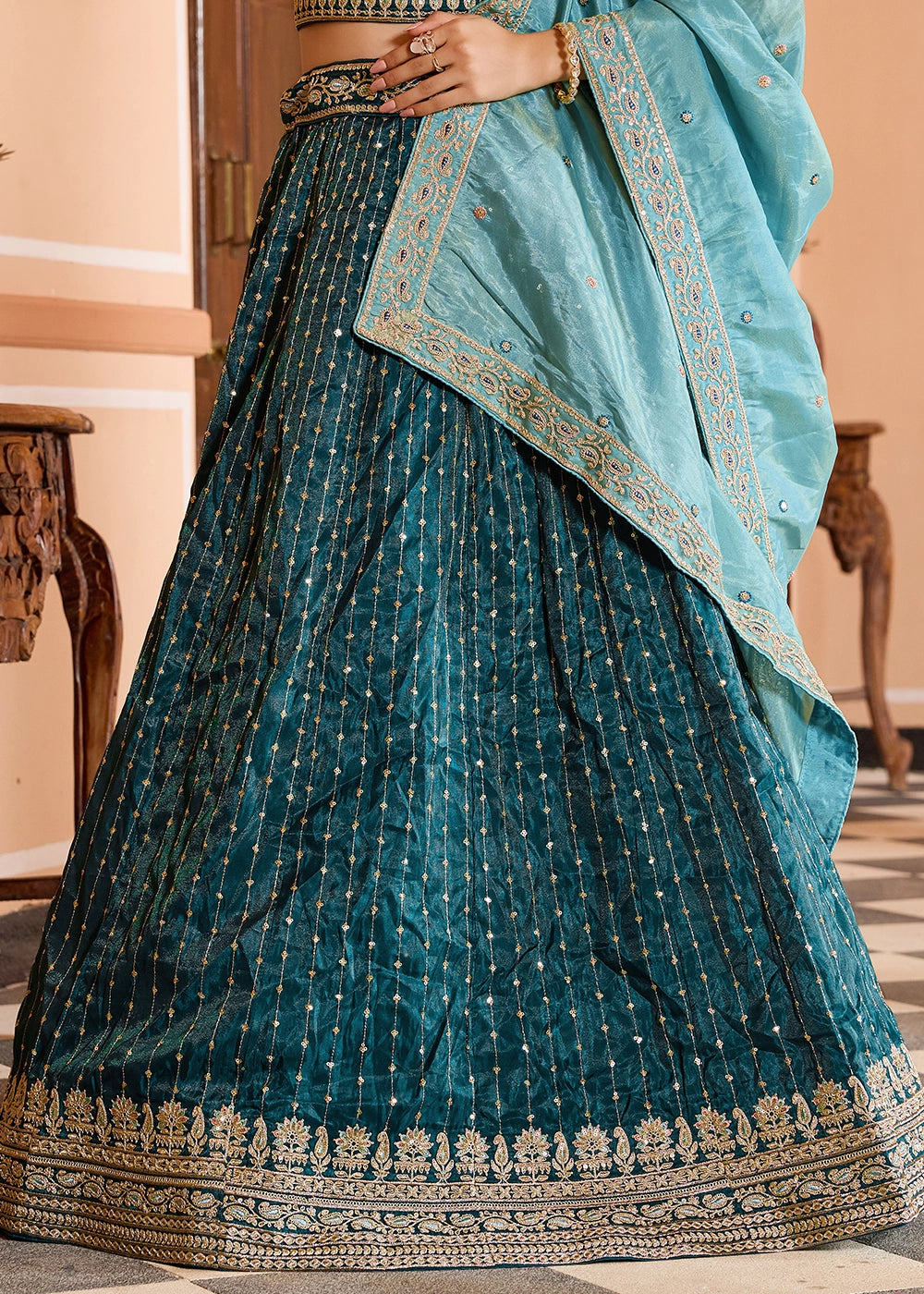 Teal Blue Embroidered Tissue Silk Lehenga Choli with Sequins Work