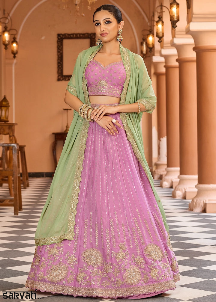 Pink Purple Embroidered Tissue Silk Lehenga Choli with Sequins Work