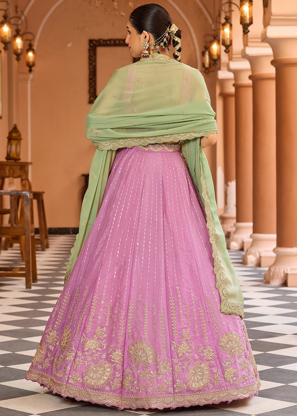 Pink Purple Embroidered Tissue Silk Lehenga Choli with Sequins Work