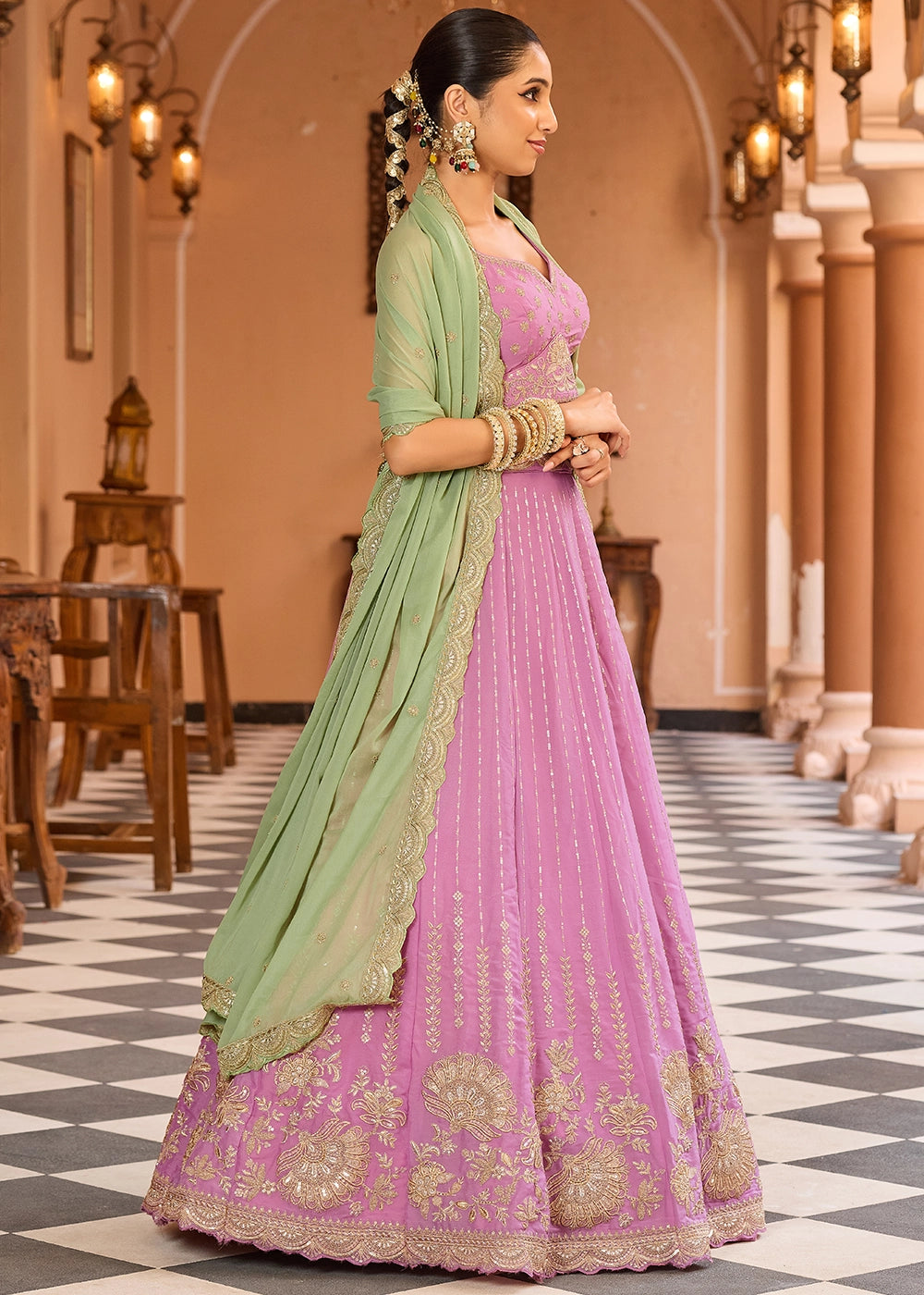 Pink Purple Embroidered Tissue Silk Lehenga Choli with Sequins Work