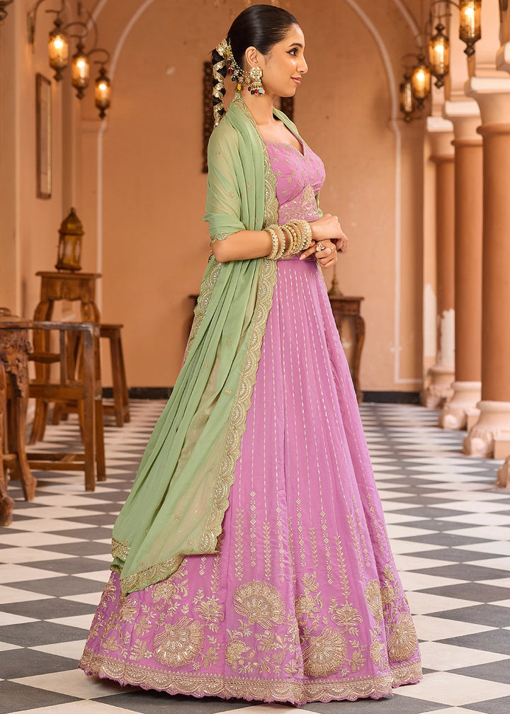 Pink Purple Embroidered Tissue Silk Lehenga Choli with Sequins Work
