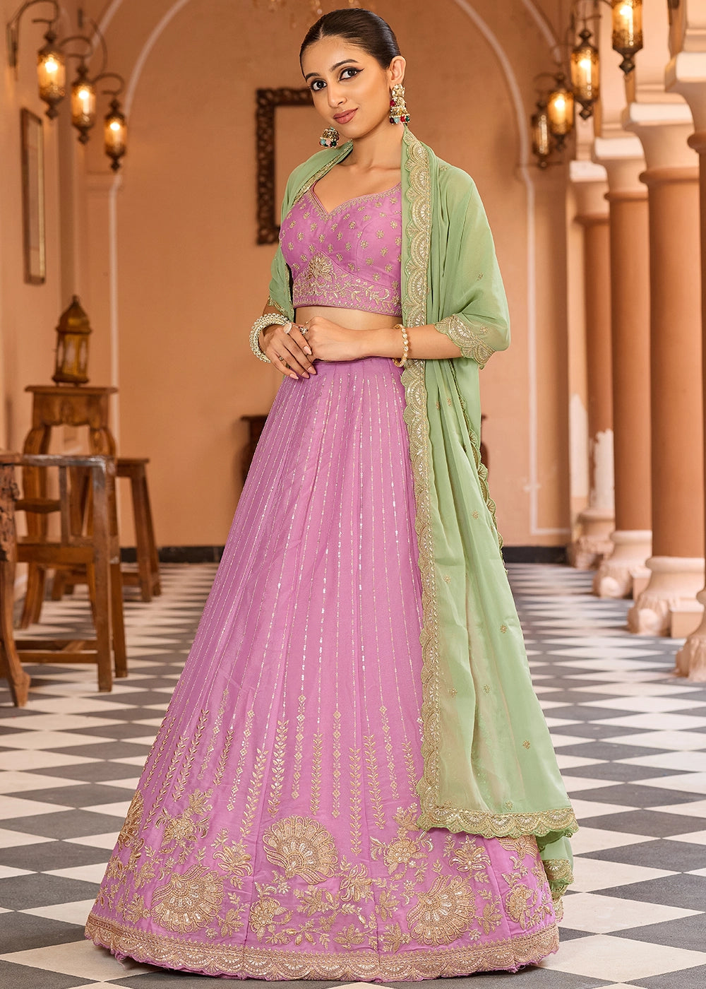 Pink Purple Embroidered Tissue Silk Lehenga Choli with Sequins Work