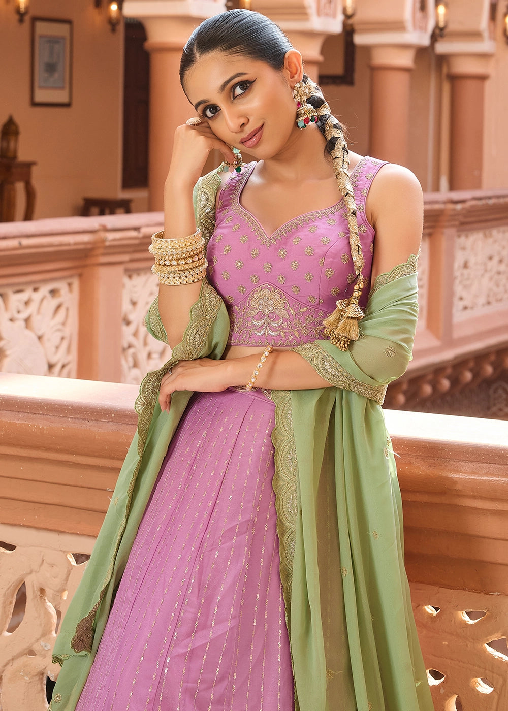 Pink Purple Embroidered Tissue Silk Lehenga Choli with Sequins Work