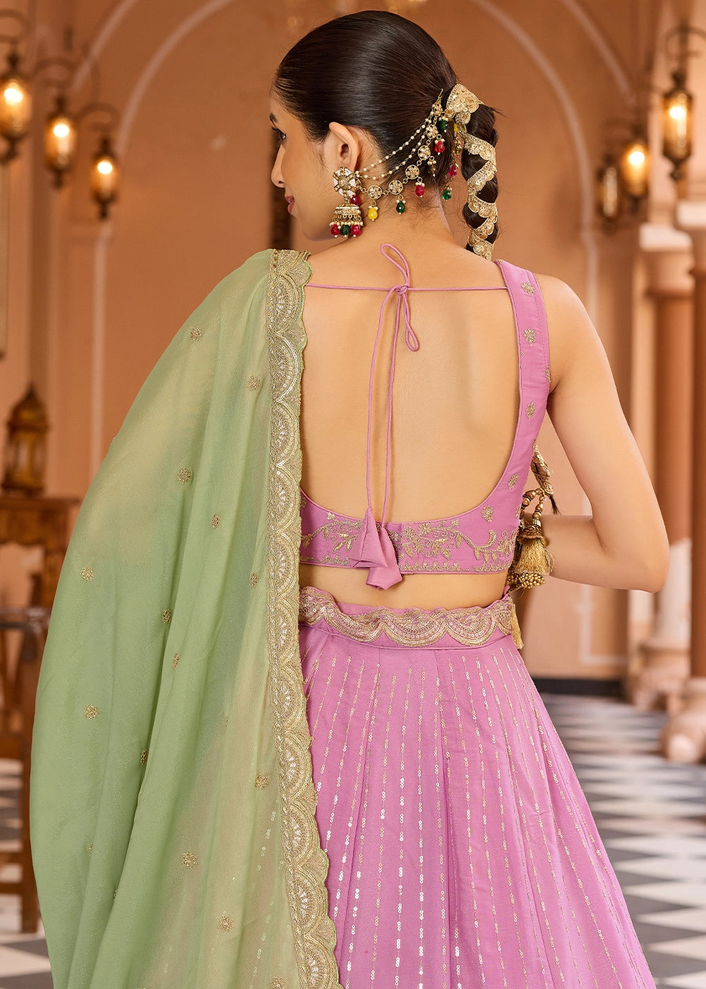 Pink Purple Embroidered Tissue Silk Lehenga Choli with Sequins Work