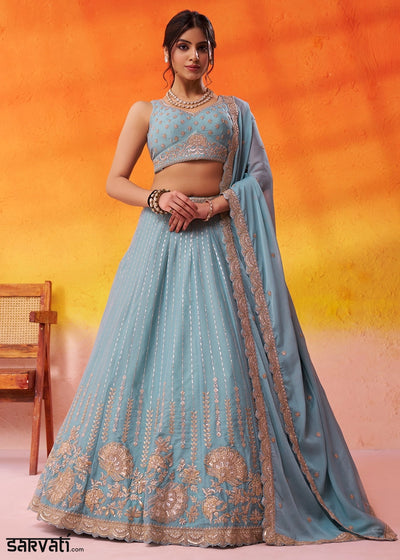 Blizzard Blue Tissue Silk Embellished Lehenga Choli with Sequins Embroidery