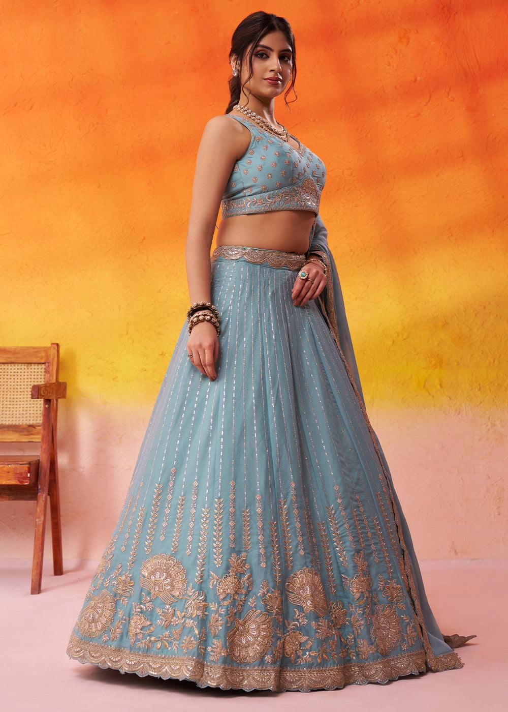 Blizzard Blue Tissue Silk Embellished Lehenga Choli with Sequins Embroidery