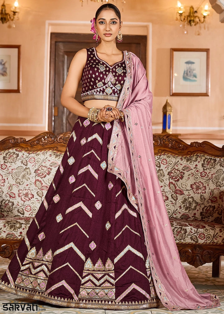 Chocolate Brown Embroidered Silk Lehenga Choli with Sequins Work