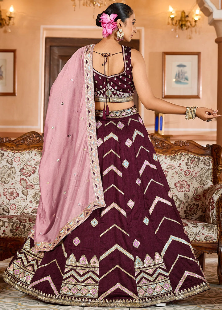 Chocolate Brown Embroidered Silk Lehenga Choli with Sequins Work