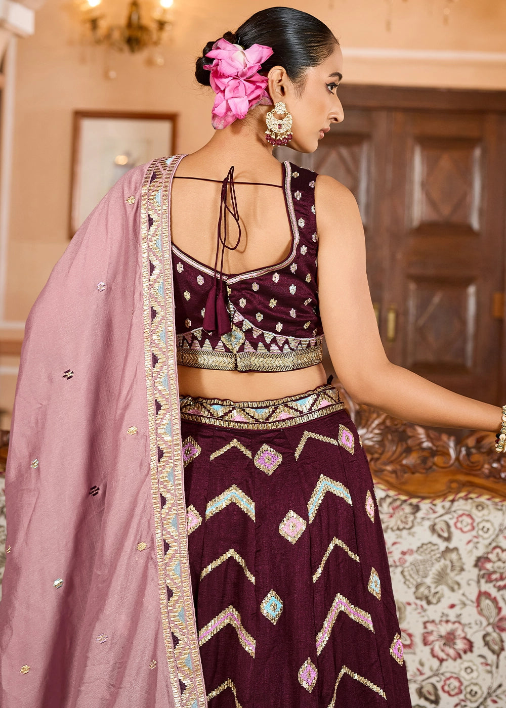 Chocolate Brown Embroidered Silk Lehenga Choli with Sequins Work