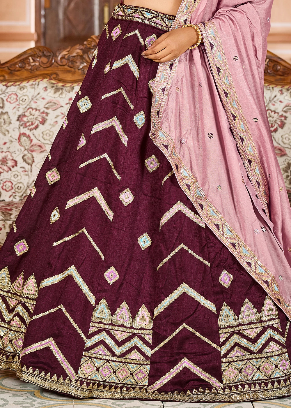 Chocolate Brown Embroidered Silk Lehenga Choli with Sequins Work