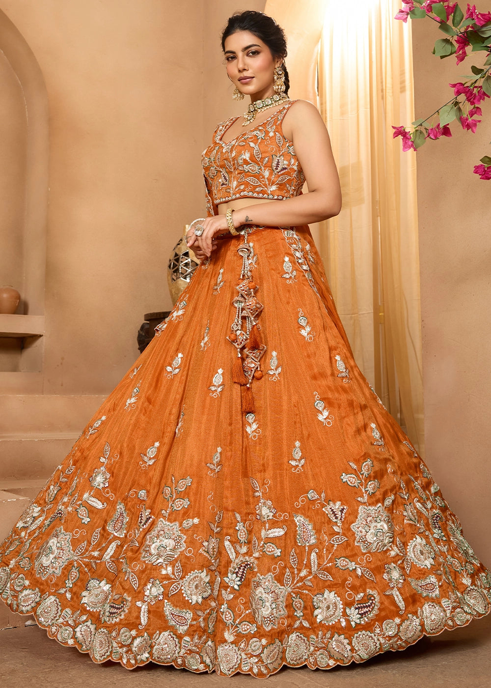 Pumpkin Orange Tissue Lehenga Choli with Handcrafted Floral & Sequin Work