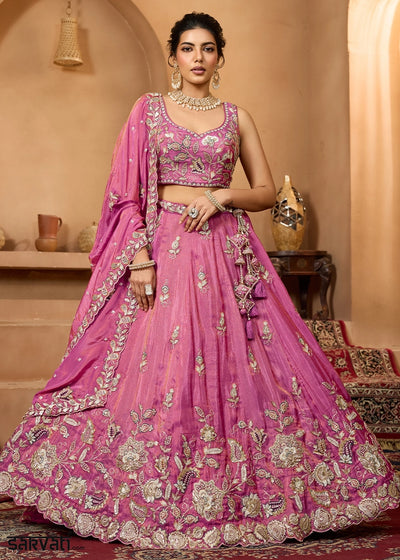 Shades Of Pink Tissue Lehenga Choli with Handcrafted Floral & Sequin Work