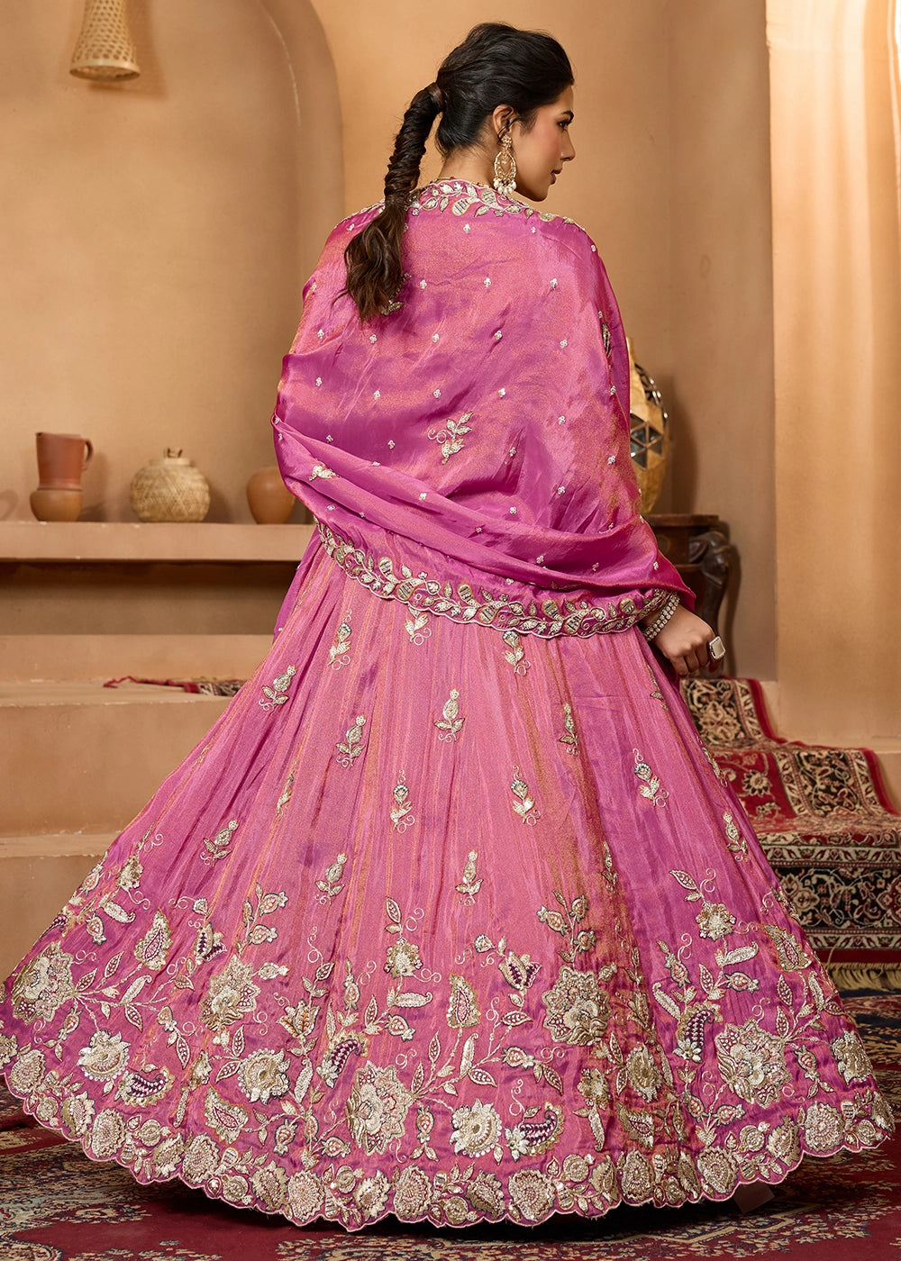 Shades Of Pink Tissue Lehenga Choli with Handcrafted Floral & Sequin Work