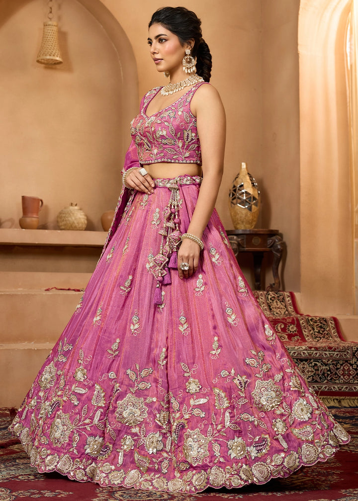Shades Of Pink Tissue Lehenga Choli with Handcrafted Floral & Sequin Work