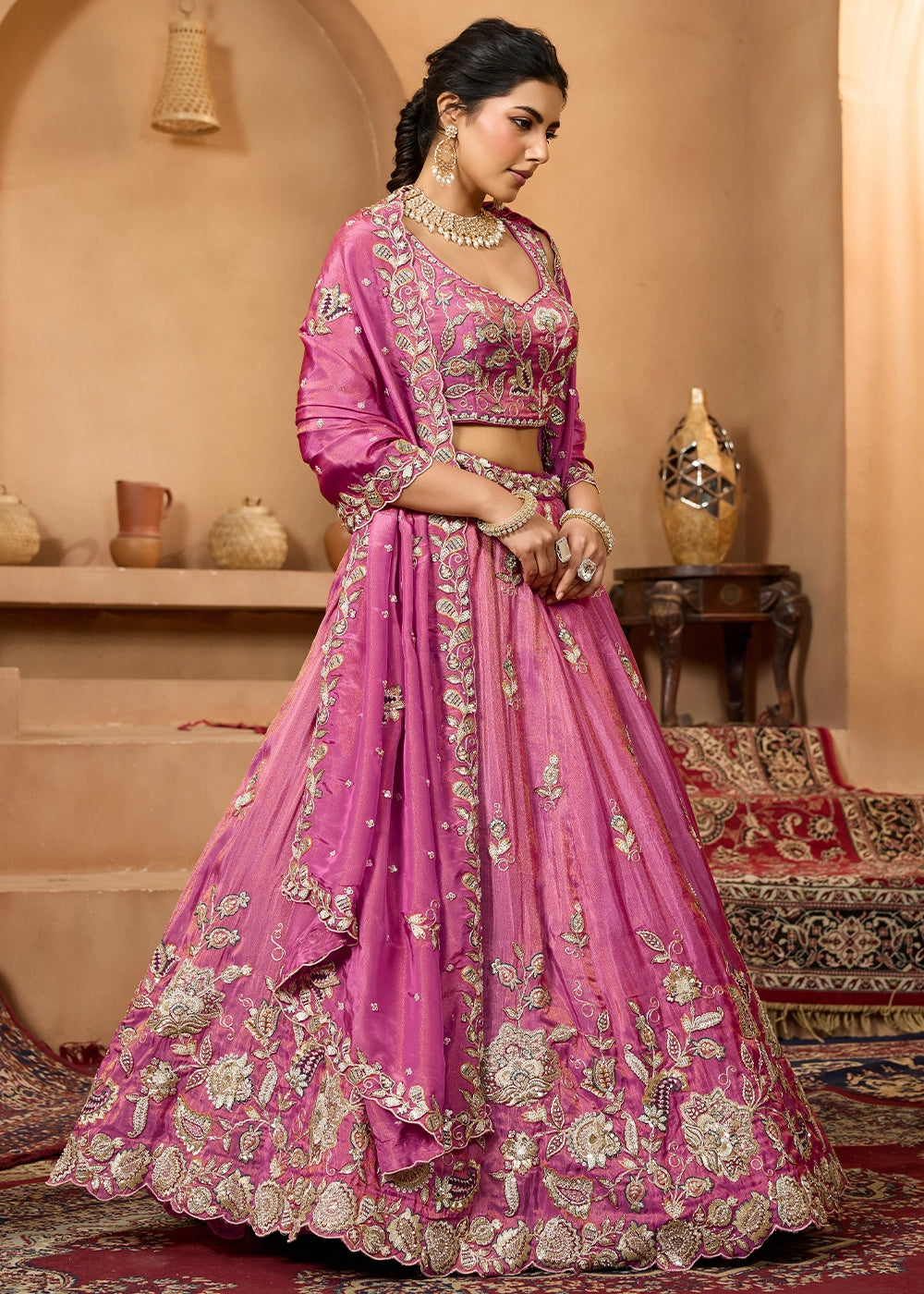 Shades Of Pink Tissue Lehenga Choli with Handcrafted Floral & Sequin Work