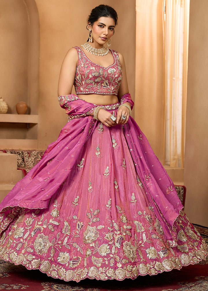 Shades Of Pink Tissue Lehenga Choli with Handcrafted Floral & Sequin Work