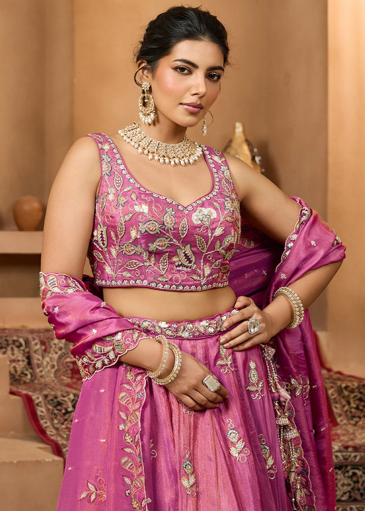 Shades Of Pink Tissue Lehenga Choli with Handcrafted Floral & Sequin Work