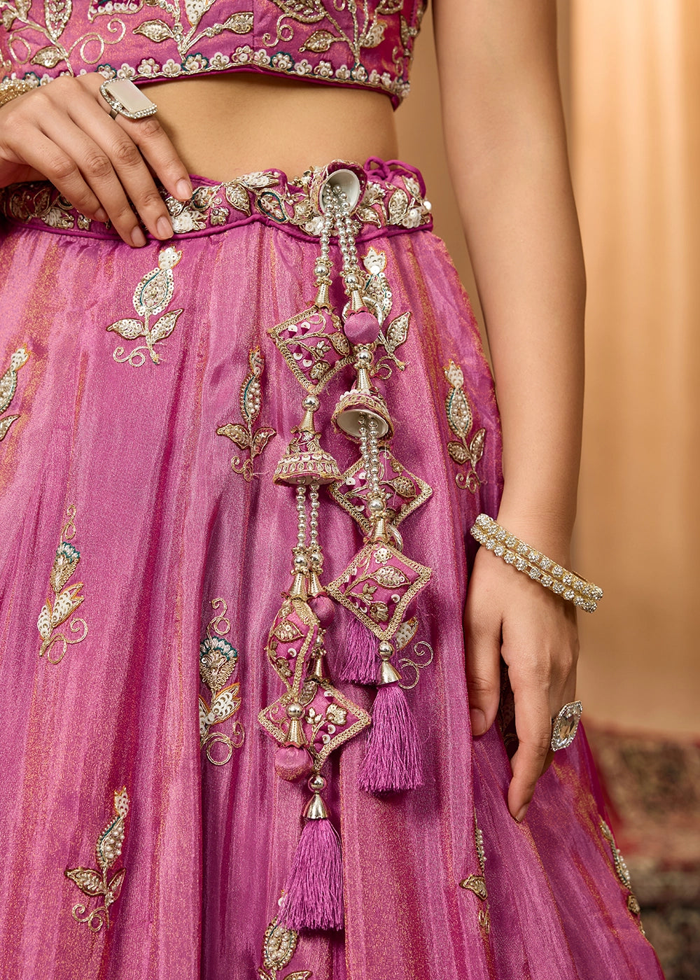 Shades Of Pink Tissue Lehenga Choli with Handcrafted Floral & Sequin Work