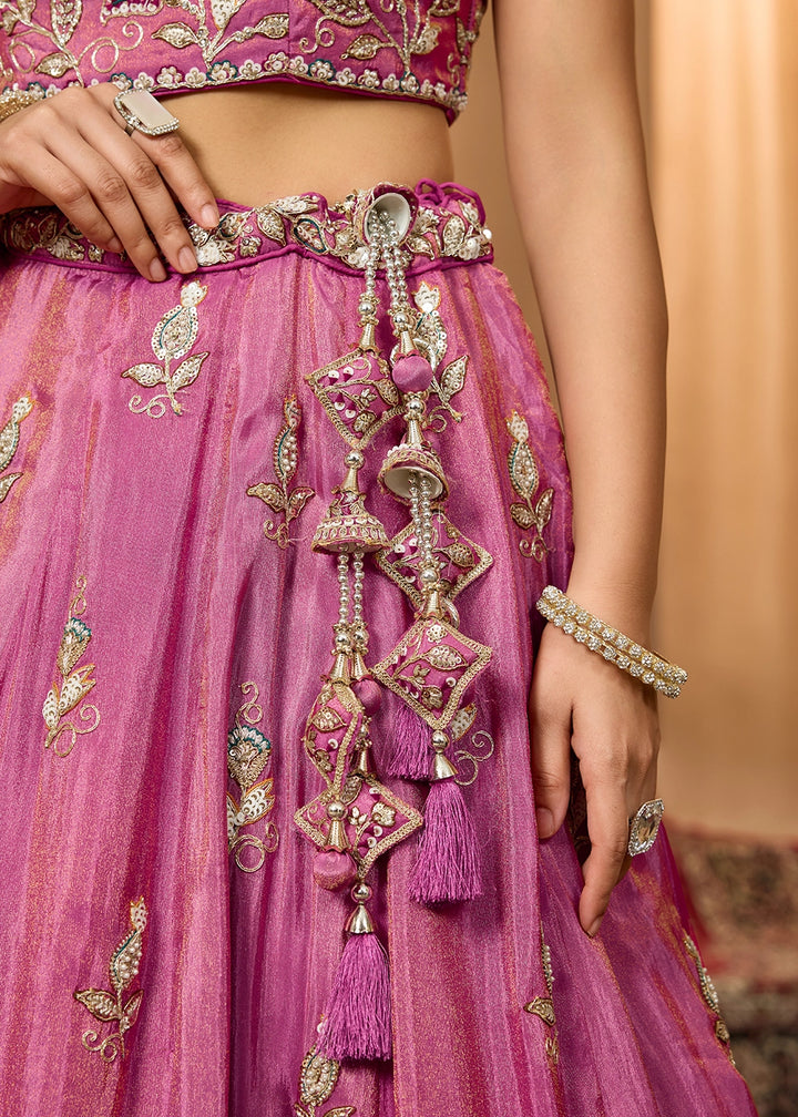 Shades Of Pink Tissue Lehenga Choli with Handcrafted Floral & Sequin Work