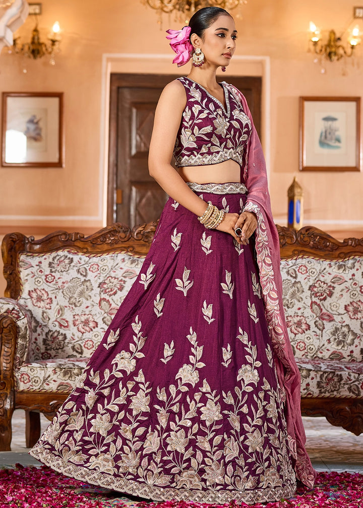 Mulberry Purple Embroidered Silk Lehenga Choli with Sequins Work