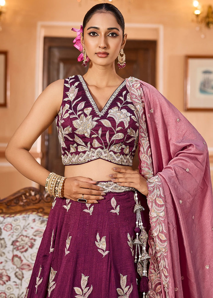 Mulberry Purple Embroidered Silk Lehenga Choli with Sequins Work