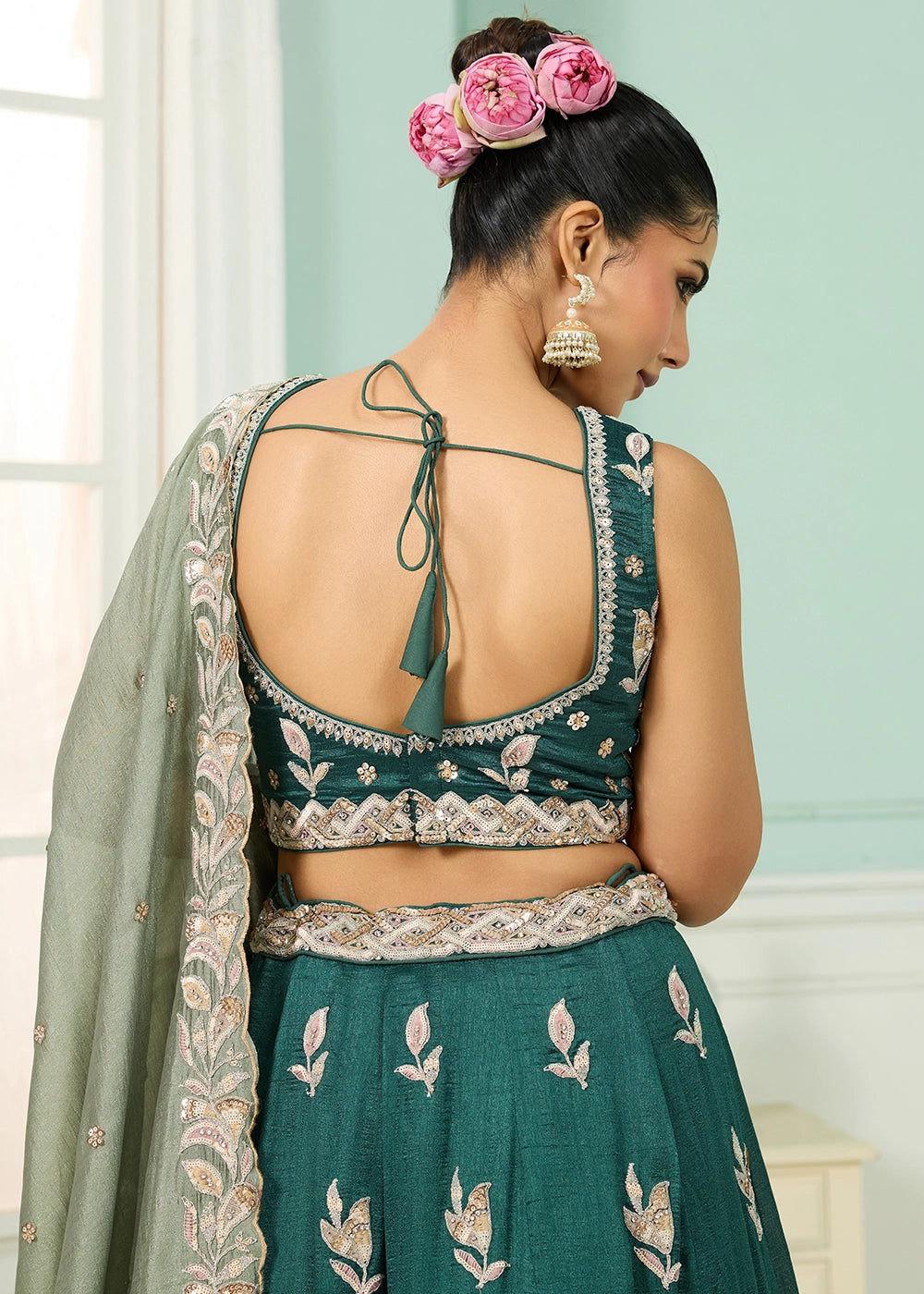 Teal Green Silk Lehenga Choli with Handcrafted Floral & Sequin Work