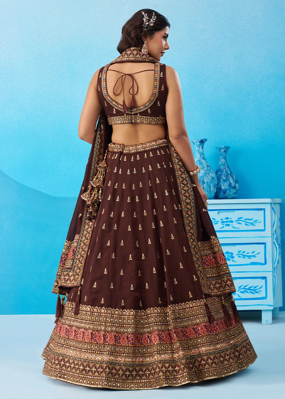 Hickory Brown Chinon Silk Lehenga Choli with Intricate Zari & Sequin Work
