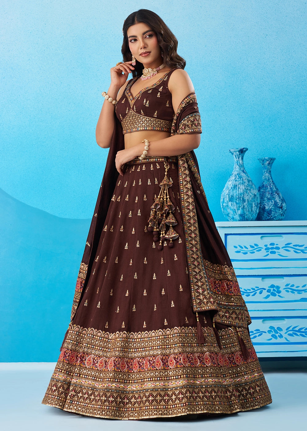 Hickory Brown Chinon Silk Lehenga Choli with Intricate Zari & Sequin Work