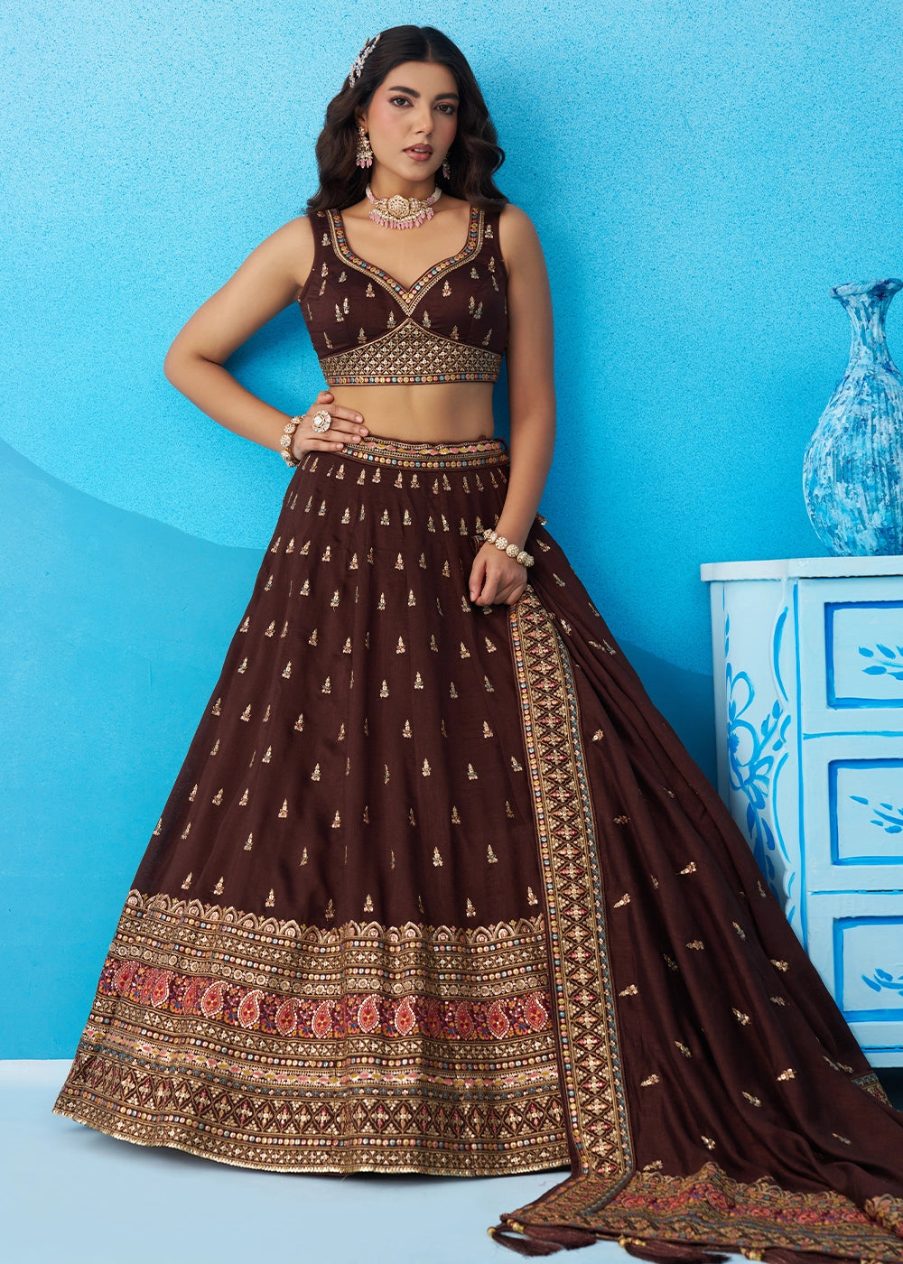 Hickory Brown Chinon Silk Lehenga Choli with Intricate Zari & Sequin Work