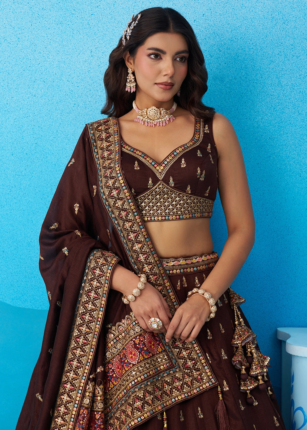 Hickory Brown Chinon Silk Lehenga Choli with Intricate Zari & Sequin Work
