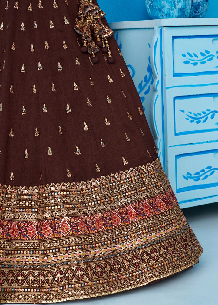 Hickory Brown Chinon Silk Lehenga Choli with Intricate Zari & Sequin Work
