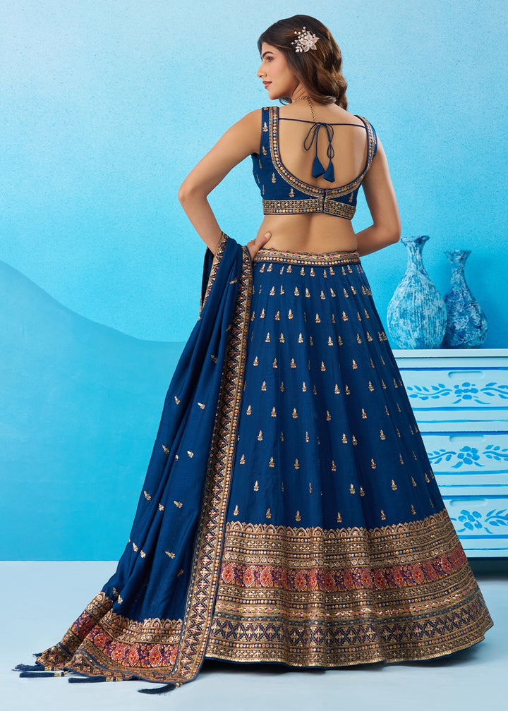 Trypan Blue Chinon Silk Lehenga Choli with Intricate Zari & Sequin Work