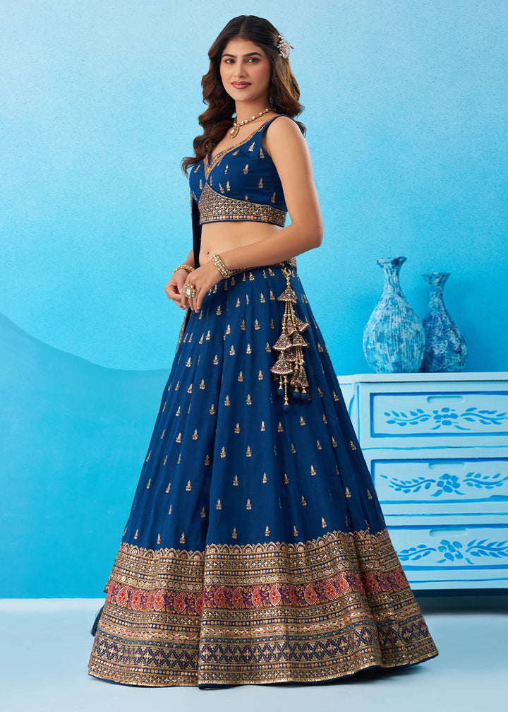 Trypan Blue Chinon Silk Lehenga Choli with Intricate Zari & Sequin Work