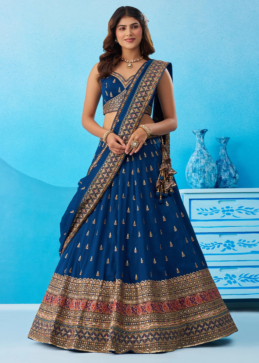 Trypan Blue Chinon Silk Lehenga Choli with Intricate Zari & Sequin Work