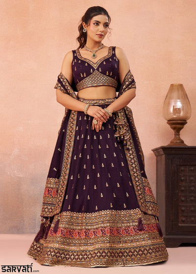 Eggplant Purple Chinon Silk Lehenga Choli with Intricate Zari & Sequin Work