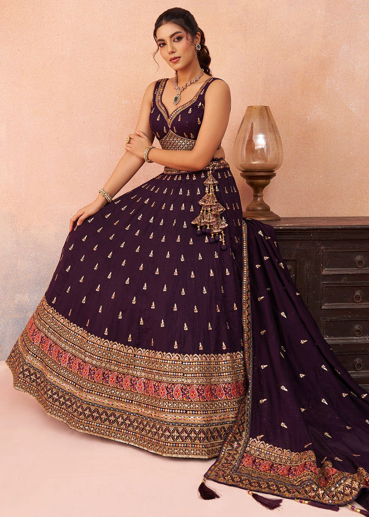 Eggplant Purple Chinon Silk Lehenga Choli with Intricate Zari & Sequin Work