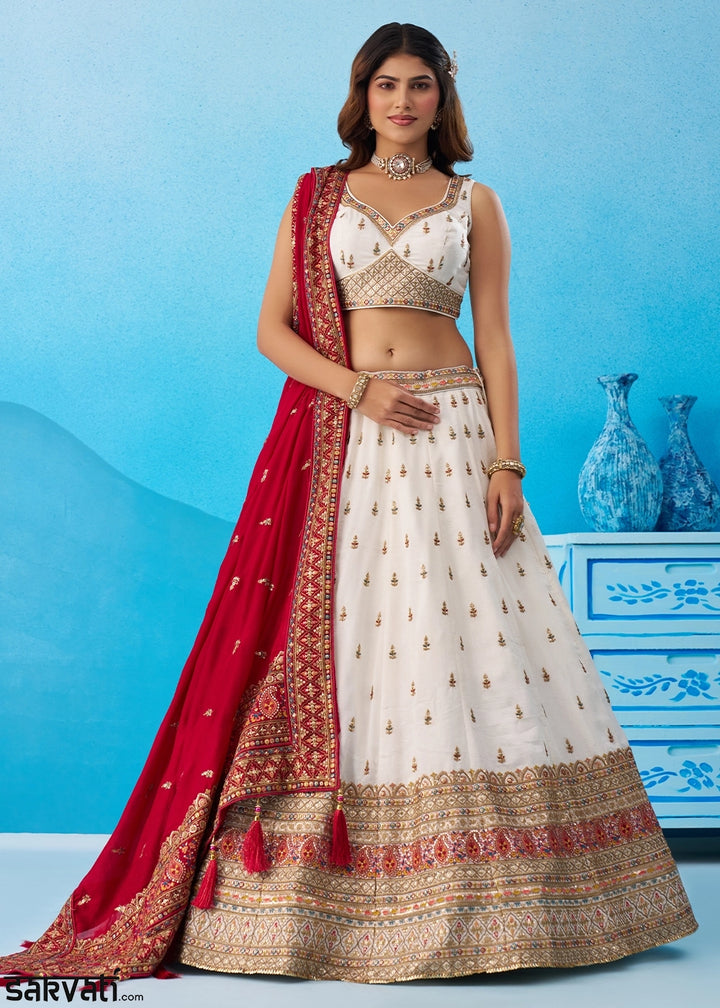 Pearl White Chinon Silk Lehenga Choli with Intricate Zari & Sequin Work