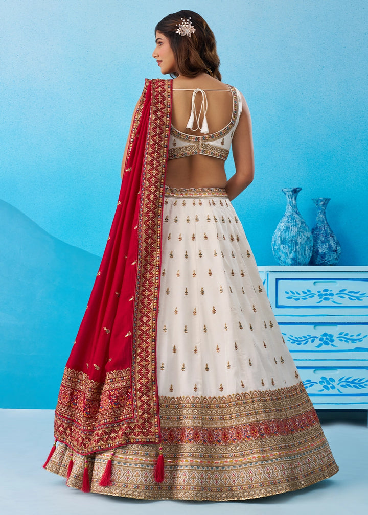 Pearl White Chinon Silk Lehenga Choli with Intricate Zari & Sequin Work