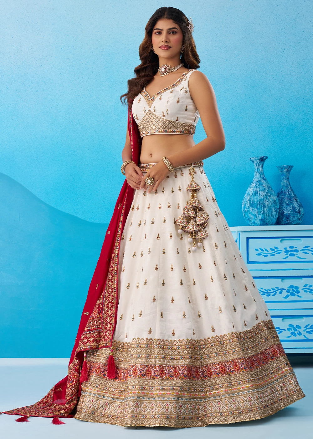 Pearl White Chinon Silk Lehenga Choli with Intricate Zari & Sequin Work