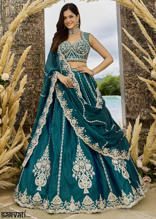 Rama Green Silk Lehenga Choli with Sequin & Bead Detailing