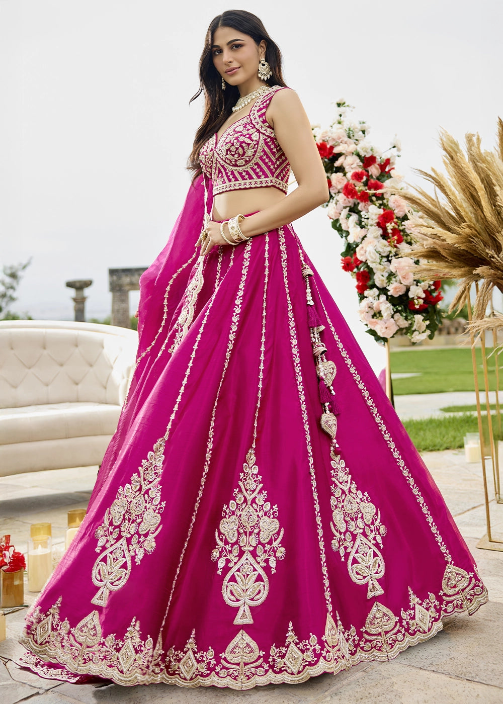 Magenta Pink Silk Lehenga Choli with Sequin & Bead Detailing