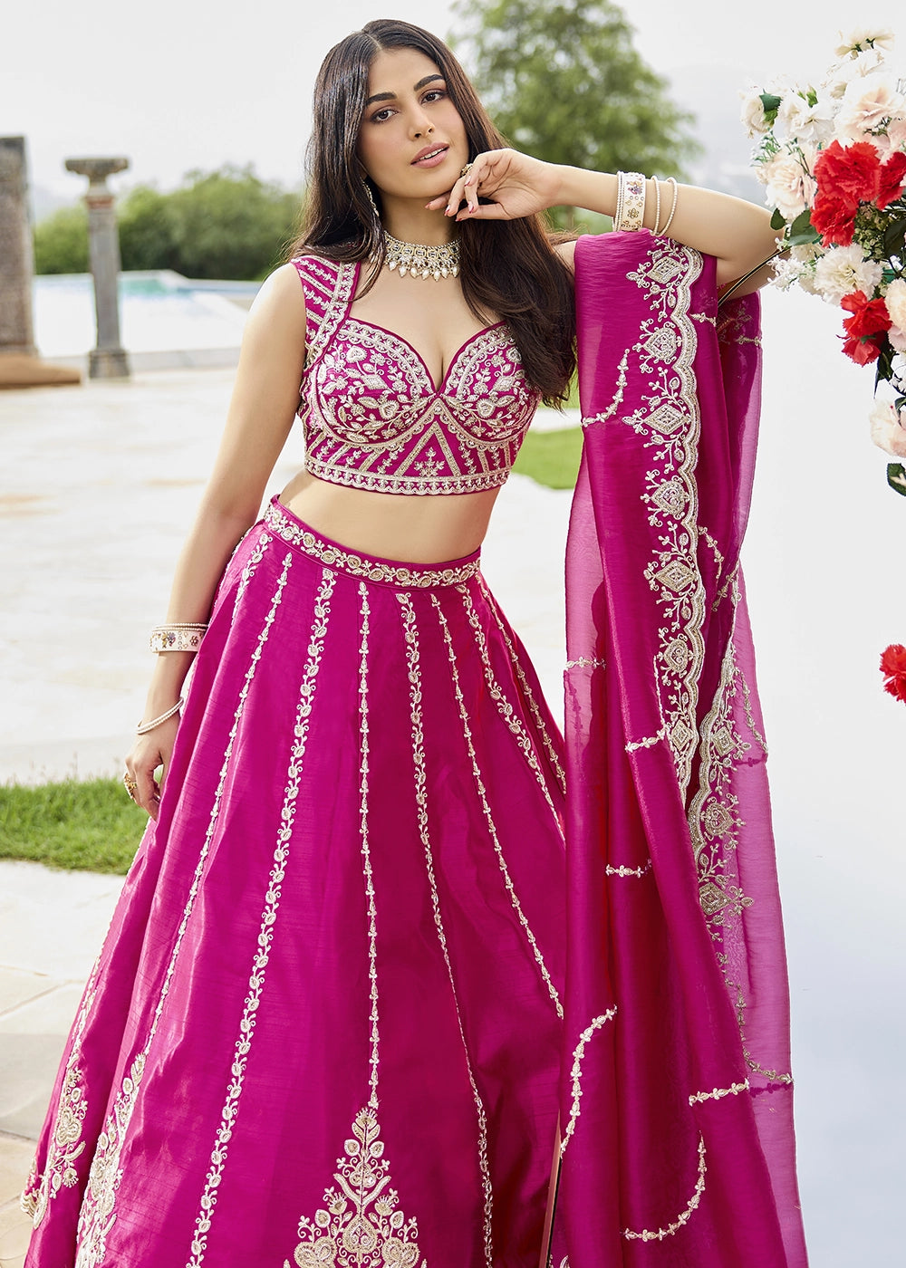 Magenta Pink Silk Lehenga Choli with Sequin & Bead Detailing
