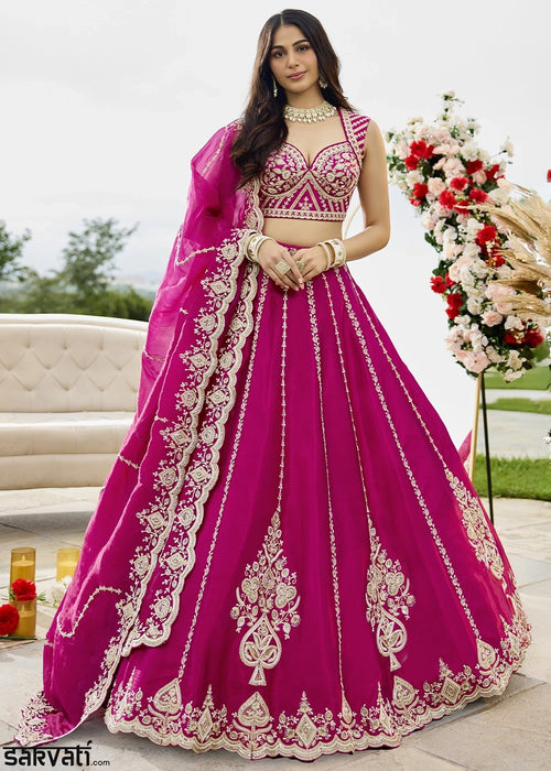 Magenta Pink Silk Lehenga Choli with Sequin & Bead Detailing