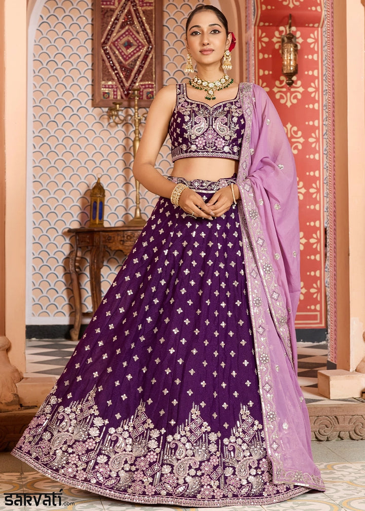 Indigo Purple Embroidered Tissue Silk Lehenga Choli with Sequins Work