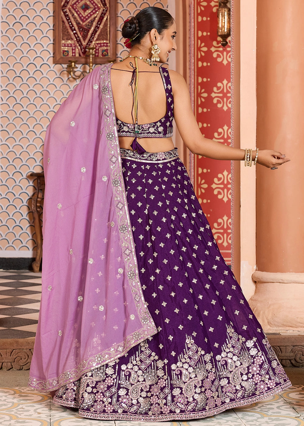 Indigo Purple Embroidered Tissue Silk Lehenga Choli with Sequins Work
