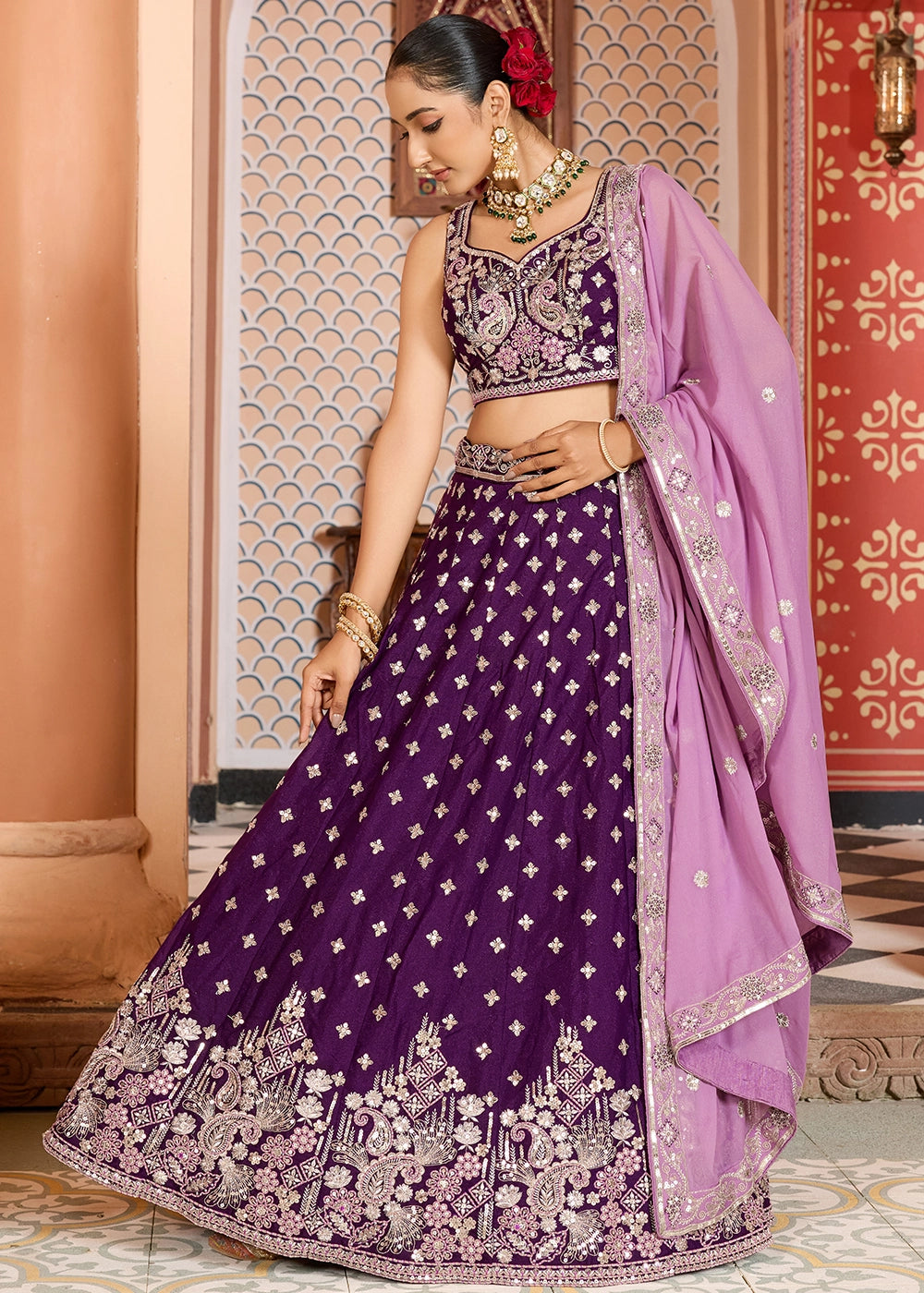 Indigo Purple Embroidered Tissue Silk Lehenga Choli with Sequins Work